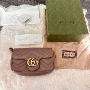 Gucci GG Marmont Flap Closure Matelasse Crossbody Mini Dusty Pink Leather